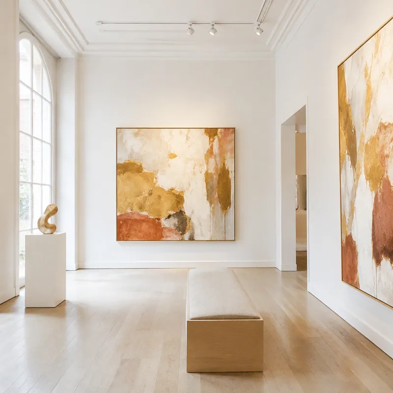 Bright contemporary art gallery with gold and terracotta abstract paintings, the kind of collection Art Trading & Finance advises on
